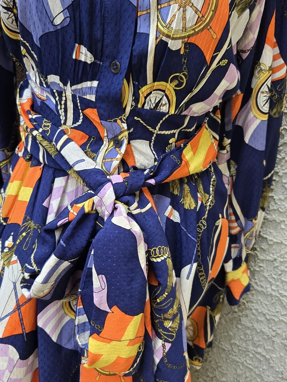 Anthropologie Maeve Nautical Navy Printed Long-Sleeve Wrap Dress Blue Flag Sail - Picture 6 of 12